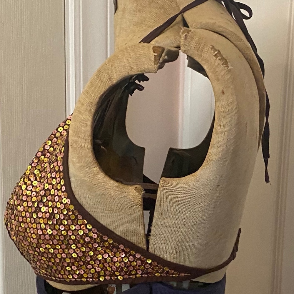 Express Brown Gold Sequin Triangle Halter Top - image 3